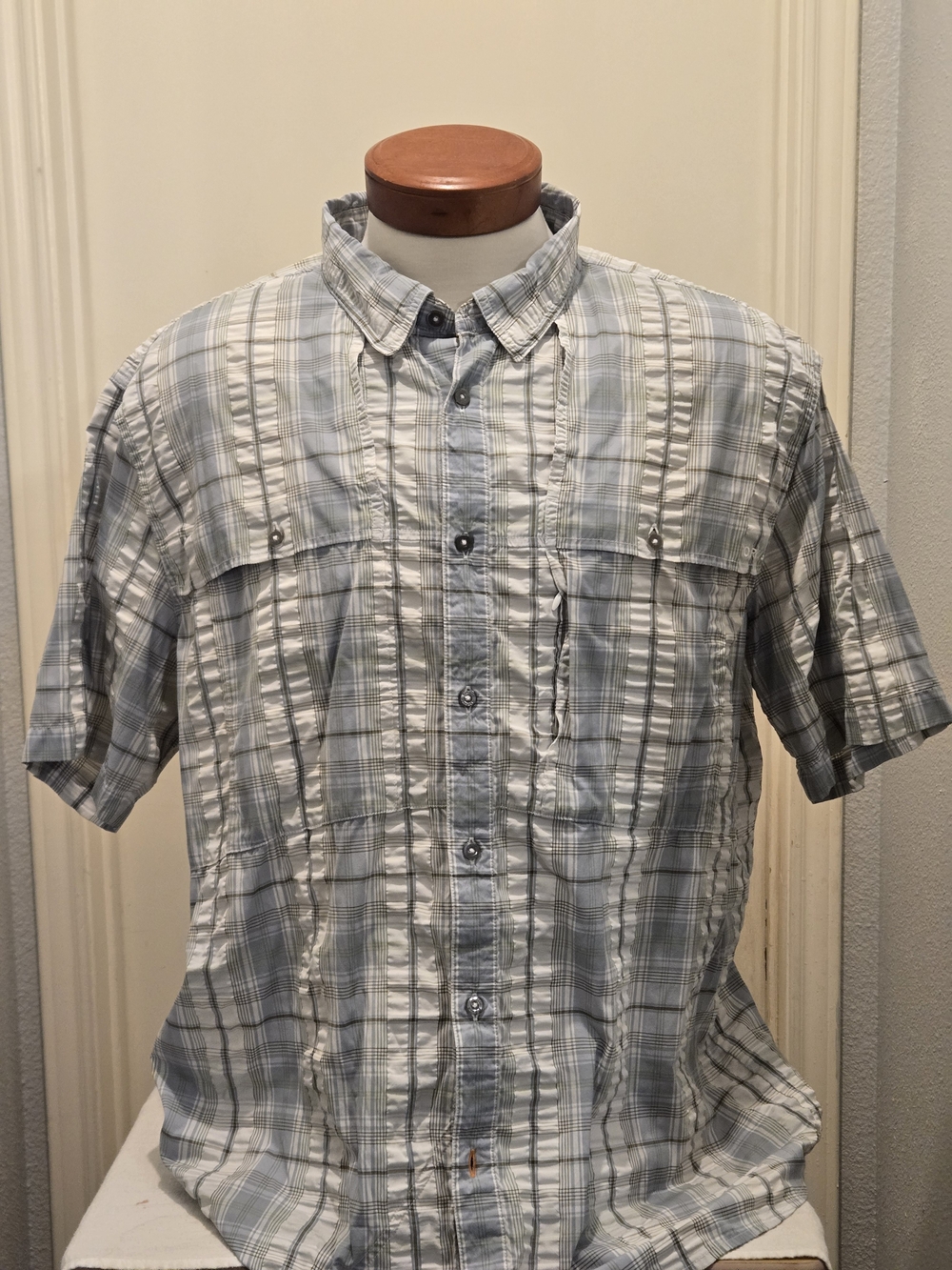 Orvis Men's Short-Sleeve Plaid Button-Down Shirt - Light Blue & Gray, XL